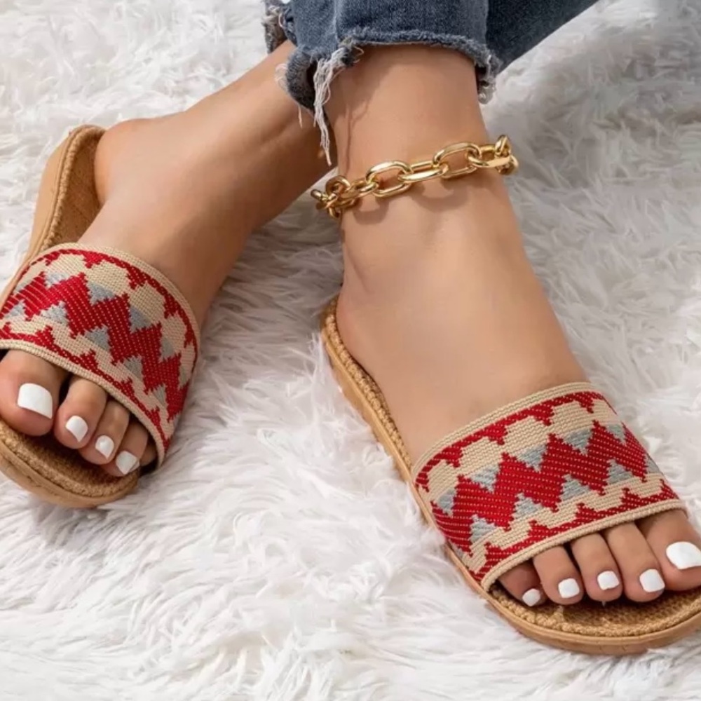 SHEIN Red & Cream Patterned Slide Sandals. Lightweight sandals with a boho touch - Picture 2 of 9